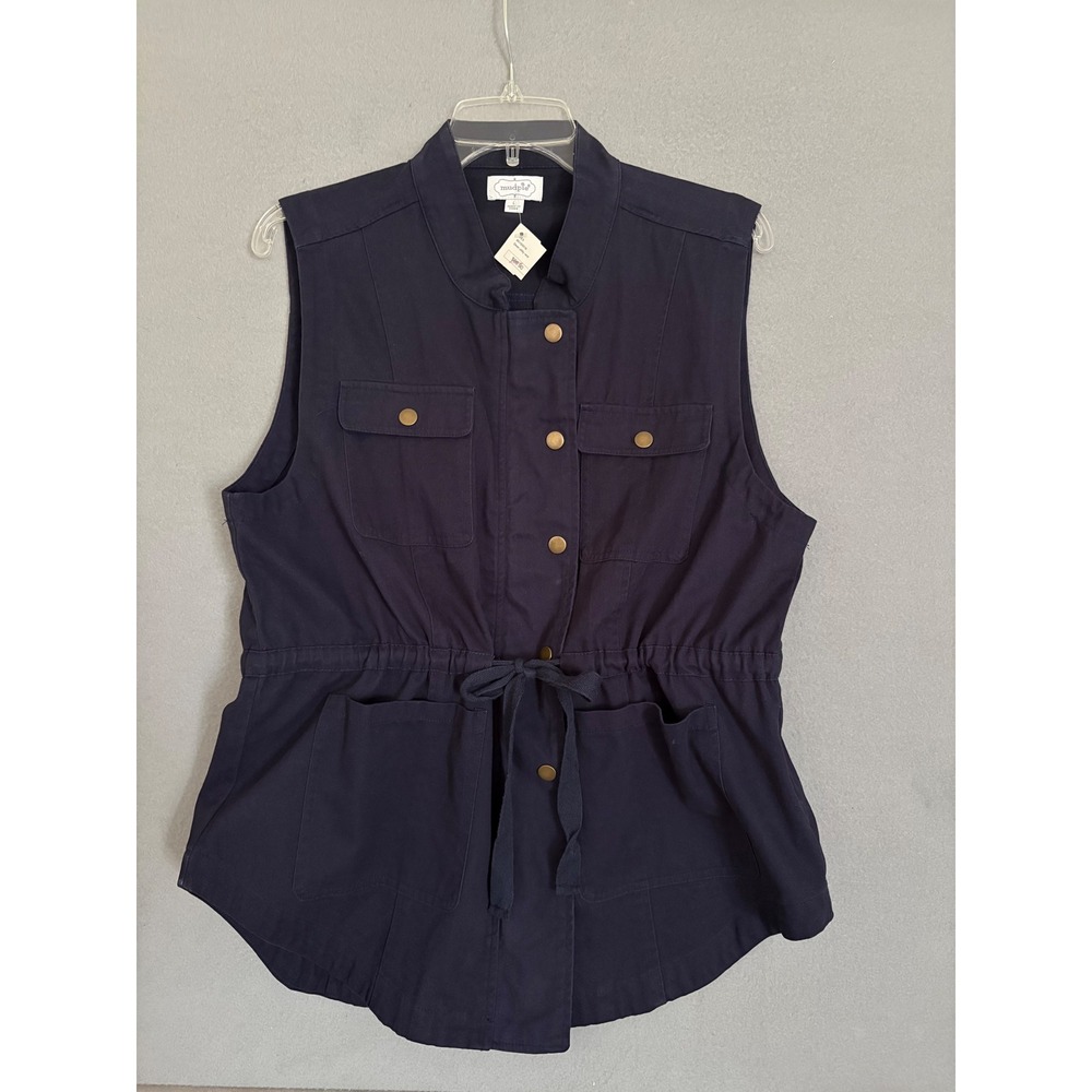 Mud Pie Women Dean Utility Vest Large Navy Blue Cotton Drawstring Snap Front NEW